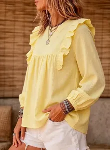 Bohemian ruffle patchwork long sleeve blouse chic casual top for women stylish yellow shirt