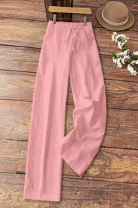 Pink linen drawstring wide leg pants detail, casual high waist pocket trousers, summer comfort.