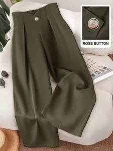 Women's high waist dark green wide leg trousers casual autumn suit pants with chic button
