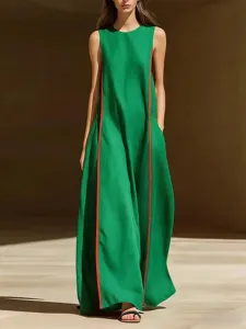 Women's Summer Linen Sleeveless Casual Long Dress with Contrast Side Stripes and Pockets.