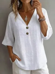 White v-neck button-down cotton linen blouse, half sleeve loose casual top for women detail.