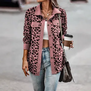 Women's pink leopard print corduroy jacket casual long sleeve button down outerwear worn by model