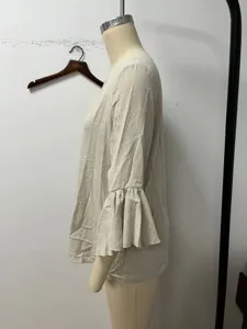 Beige cotton linen blend French style bell sleeve casual loose blouse top for women