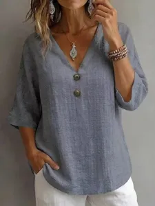 Women casual cotton linen V-neck 3/4 sleeve loose top with stylish button detail shirt.