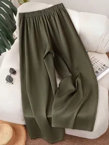 Casual army green wide leg trousers for women, comfortable high elastic waist design.