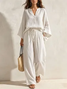 Women Casual Solid Color V-Neck Loose T-Shirt And Wide Leg Pants Two-Piece Set Summer Fashion Long Sleeve Outfit