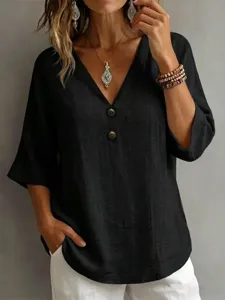Women V-neck 3/4 sleeve linen tunic top with buttons, casual loose summer blouse.