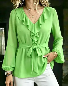 Green V-neck long sleeve ruffle blouse with waist tie for women elegant spring top