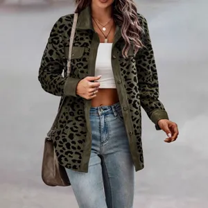Women's casual leopard print corduroy jacket long sleeve button down overshirt outerwear