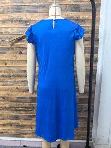 Women royal blue casual dress short ruffle sleeve round neck back cutout style 2025
