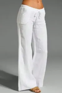 White linen drawstring wide-leg casual pants for women, comfortable breathable summer style.