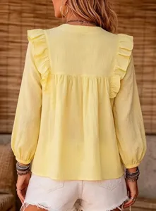 Back detail of the yellow boho ruffle blouse, showing textured fabric and sleeve style.
