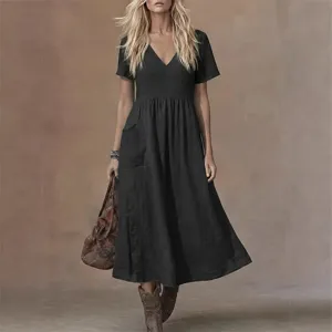 Women Elegant V Neck Button Midi Dress With Pockets Short Sleeve Loose Solid Color Casual A-Line Dress Fashion Summer Dress