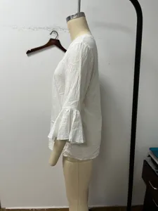 Women white cotton linen blouse casual loose v-neck bell sleeve chic shirt top