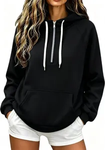 Felpa con cappuccio e zip casual da donna in tinta unita, vista dettagliata.