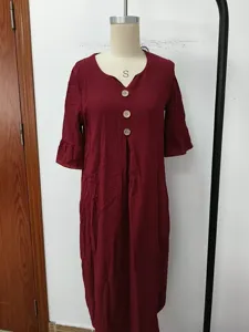 Women maroon v-neck linen dress ruffle sleeve casual midi dress summer 2026 fashion