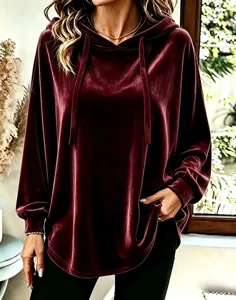Cozy long sleeve velvet hoodie for women, stylish casual hooded top with adjustable drawstring.