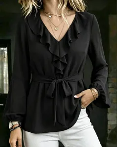 Black long-sleeve V-neck ruffled blouse with tie waist, elegant women's top for casual wear.