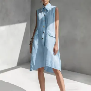 Light blue sleeveless lapel casual loose cotton midi dress for women summer fashion style