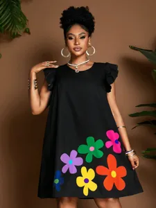Detailed view of a stylish women's short sleeve black dress featuring colorful floral print.