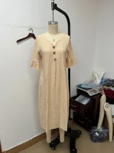 Women casual cotton linen midi dress V-neck ruffle sleeve solid color boutique wear