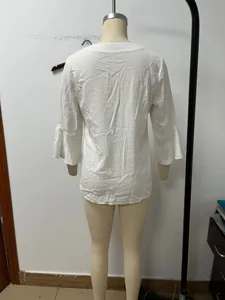 White casual linen flare sleeve blouse for women, elegant loose french style top summer.