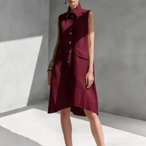 Summer solid color lapel sleeveless loose casual cotton midi dress for women daily wear