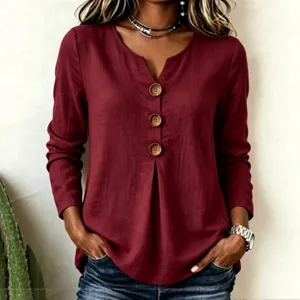 Casual V-neck long sleeve linen blend blouse with large buttons for women daily wear.