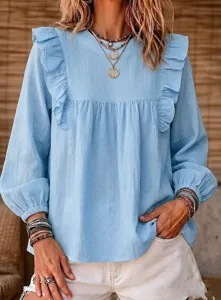 Women boho light blue ruffle long sleeve blouse casual stylish bubble sleeve elegant top summer