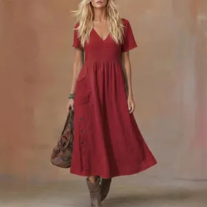 Elegant V-neck short sleeve loose midi dress with pockets for women casual daily wear.