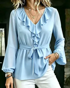 Elegant light blue V-neck long sleeve blouse featuring ruffle collar and waist tie detail.