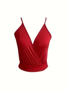 Red cross V-neck camisole detail, stylish summer sleeveless tank top for daily wear.