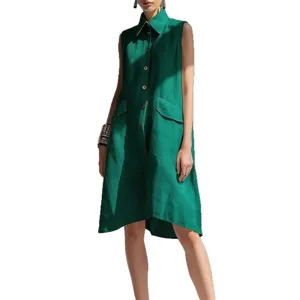Summer solid color lapel sleeveless casual loose cotton dress for women main product view.