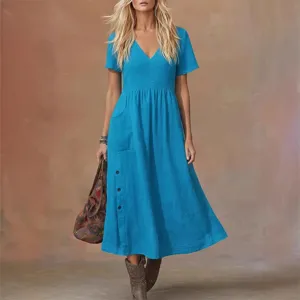 Casual blue V-neck short sleeve pocket midi dress for women, loose fit daily wear main view