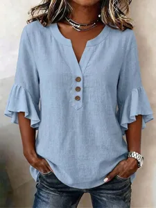 French Style Women's V-Neck Flare Sleeve Cotton Linen Blouse Loose Casual Shirt Top Retro Solid Color Top