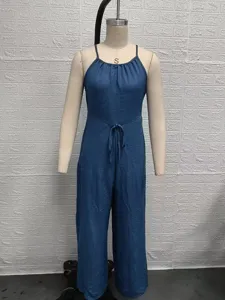 Blue spaghetti strap wide leg jumpsuit with drawstring waist, textured casual summer style.