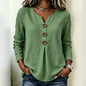 Casual loose V-neck linen blend long sleeve top with large wooden buttons for women.