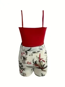 Detailed view of the red camisole and floral print shorts set, showcasing summer style.