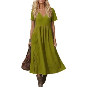Casual V-neck short sleeve midi dress with side pockets and buttons for women summer chic.