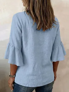 Back view of casual light blue cotton linen blouse featuring elegant flare sleeves for women.