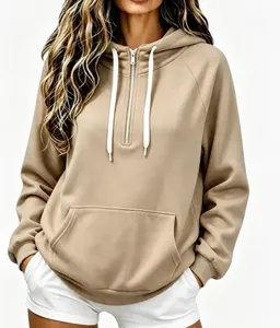 Felpa con cappuccio kaki da donna con zip corta, cordino e tasca frontale comoda.