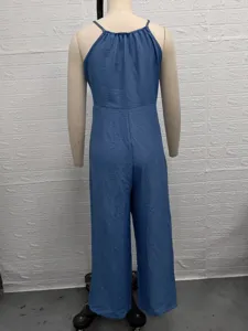 Blue textured halter neck strap jumpsuit with waist drawstring and wide leg casual design.