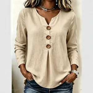 Women Casual V-Neck Long Sleeve Linen Blend Blouse with Large Buttons Beige Main View