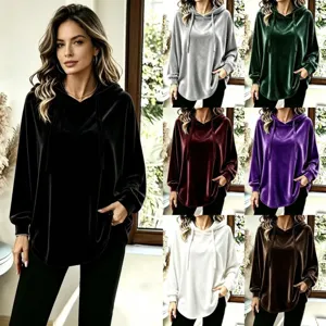 Women's Casual Long Sleeve Hooded Sweatshirt Solid Color Drawstring Loose Velvet Pullover Top
