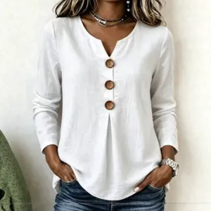 Women long sleeve V-neck linen cotton casual blouse with large buttons loose top.