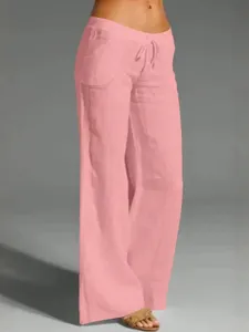 Women casual pink linen wide leg pants with adjustable drawstring waist for daily summer wear.