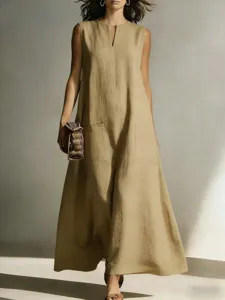 Khaki sleeveless maxi dress detail, V-neck slit and front pocket design for casual wear.