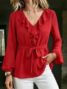 Women Casual Long Sleeve V Neck Ruffle Blouse Lantern Sleeve Slim Fit Solid Color Polyester Shirt Top