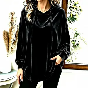 Women's black velvet hooded sweatshirt casual long sleeve pullover top front main view