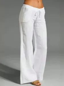 Women white linen drawstring wide leg casual trousers fashion summer breathable bottoms